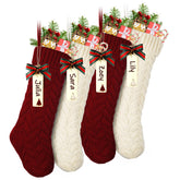 LIBWYS front view of four stockings showing burgundy and ivory, adds festive mantel charm