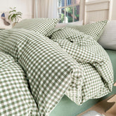 LifeTB front view of queen comforter showing green gingham pattern and cozy look