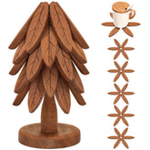 LIFETOWE front view of tree trivet set showing stand and five coasters, adds rustic charm
