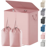 Lifewit double hamper front view showing pink fabric and lid, keeps room tidy