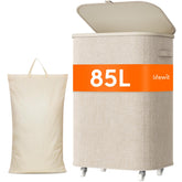 Lifewit front view of beige 85L laundry basket showing tidy design and lid