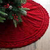 LimBridge front view of wine red tree skirt showing full braided pattern and warm color, adds cozy holiday style