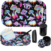 Little Hippie front view of two metal trays showing mushroom artwork and portability benefit