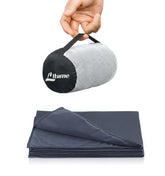 Litume dark blue gray front view compact travel blanket showing neat fold and color, ideal for travel
