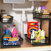Liuoud front view of packaged two-pack organizer showing assembly and benefits