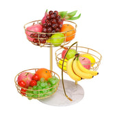 Livabber front view of gold 3-tier basket shows organized produce and elegant style