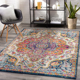 Livabliss front view of 7x9 Romaine rug showing full medallion and color balance, enhances room style