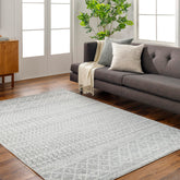 Livabliss front view of rug on floor showing pattern and neutral tones for styling