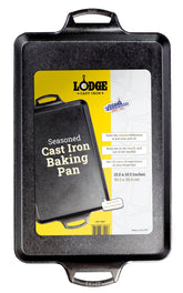 Lodge baking pan front view showing full rectangular cooking surface and rim benefit