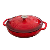 Lodge braiser front view in Island Spice Red showing durable enamel finish and attractive presentation