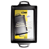Lodge casserole pan front view showing rectangular shape and even bake surface benefit