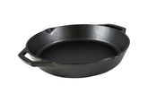 Lodge dual-handle pan front view showing durable cast iron and easy lifting
