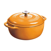 Lodge apricot Dutch oven front view showing colorful enamel and sturdy build benefit: attractive serving piece