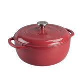 Lodge Dutch oven front view showing cranberry enamel and versatile design