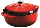 Lodge Dutch oven front view in Island Spice Red showing size and serving-ready look