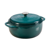 Lodge Dutch oven front view in Lagoon showing clean enamel and stylish color, enhances kitchen decor