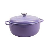 Lodge lilac Dutch oven front view showing shape and color, adds kitchen style