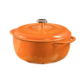 Lodge Dutch oven front view in Pumpkin showing colorful enamel and serving appeal