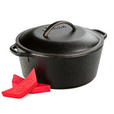 Lodge Dutch oven front view showing sturdy build and classic shape, durable cooking