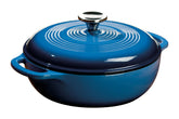 Lodge Dutch Oven front view in Caribbean Blue showing overall shape and lid, highlights even heating