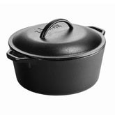 Lodge cast iron Dutch oven front view showing sturdy build and capacity benefit