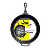 Lodge front view showing 13.25-inch skillet and ready-to-use benefit