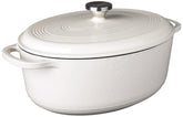 Lodge oval Dutch oven front view showing oyster white finish and serving appeal