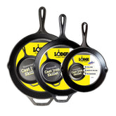 Lodge skillet set front packaging showing three pans and ready-to-cook convenience