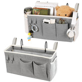 Loghot front view of bedside caddy showing pockets and compact design benefit