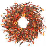 lokeisna wreath on front door offering warm autumn welcome