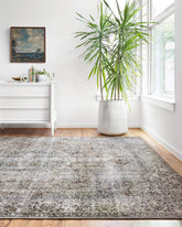Loloi Layla front flatlay showing full taupe/stone pattern and room-ready benefits