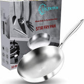 LOLYKITCH 10 inch pan front view showing polished stainless steel and rim for even heating