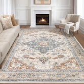 LOONGRUG front view showing full beige blue medallion and balanced color palette benefit