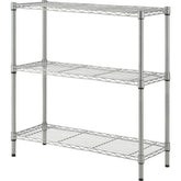 Lorell shelving front view showing three silver wire shelves and steel posts for tidy display