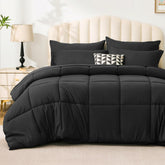 Love's cabin front view of ash black comforter set showing coordinated bedding and style benefit