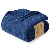 Love's cabin dark blue folded blanket showing neat packaging and soft look