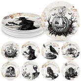 LOYIM front view of plate set showing eight Halloween designs for party display