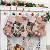 LUBOT front view of six stockings hung showing coordinated rustic charm