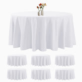 luccido front packaging showing six white round tablecloths, clear event-ready benefit