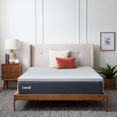 Lucid front view of twin topper in packaging showing convenience and comfort