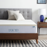 LUCID topper front view on full bed showing smooth surface and benefit of added comfort
