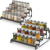 LUHENPING front view of black 4-tier spice rack showing organized bottles and space saving