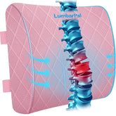 LumbarPal front view of pink lumbar pillow showing shape and comfort benefit