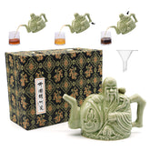 LURRIER teapot front view showing shape and green glaze, decorative and functional