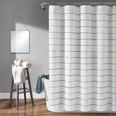 Lush Decor front view navy ombre stripe shower curtain, stylish focal point