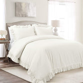 Lush Decor Reyna front view on made queen bed shows elegant ruffled look and clean style
