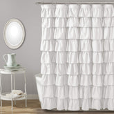 Lush Decor front view of white ruffle shower curtain showing feminine texture and clean style