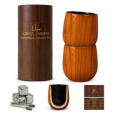 LUSHZLUMBERA front packaging of two wooden whiskey glasses, gift-ready