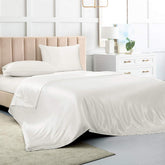 Luxbedding full 4-piece set displayed on bed showing elegant satin sheen and refined finish