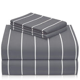 LuxClub front view of queen striped sheet set shows tidy hotel-style look and comfort
